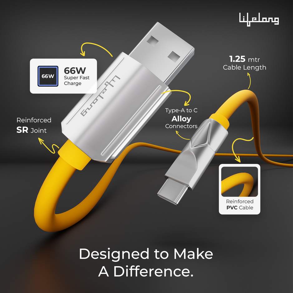Lifelong Electronics 66W PD USB Type A to Type C Fast Charging Cable | High Speed Transfer Data Cable | Aluminum Alloy, Strong PVC & Tangle Free | iPhone 16/15/14, Android, Laptop, Tablet etc | 1.25M