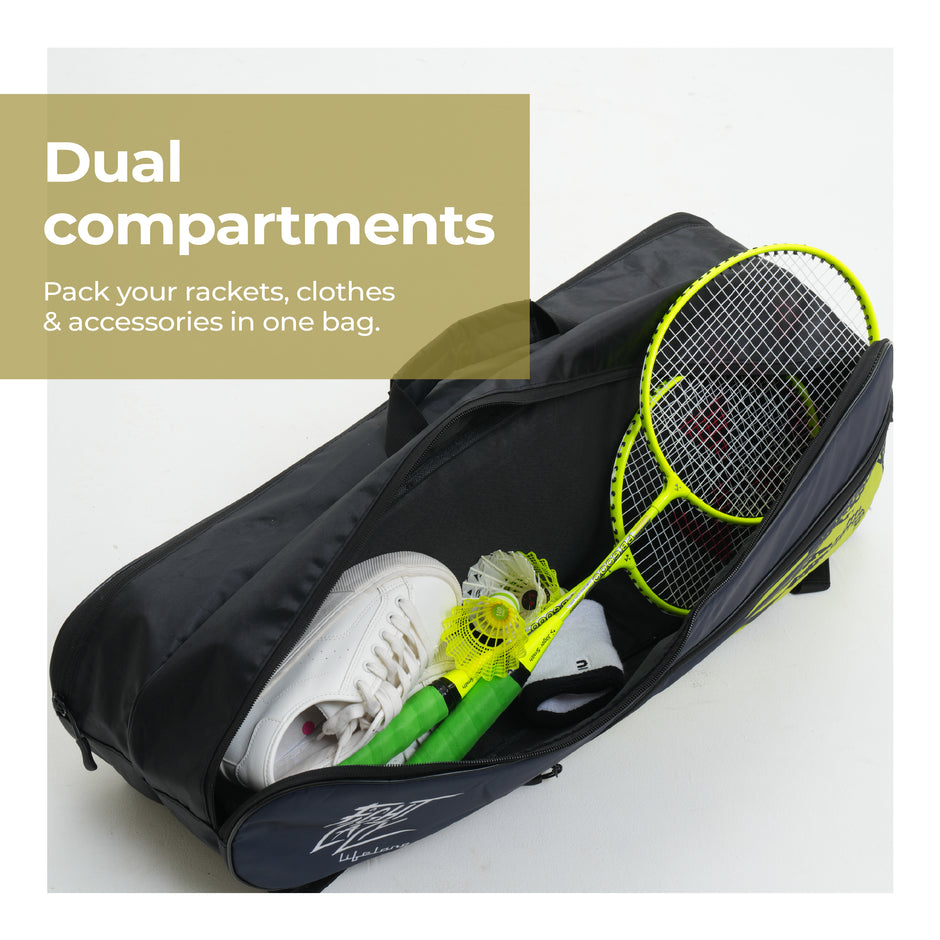 Lifelong Badminton Kitbag | Two Compartments | Soft Padded Straps | Durable Polyester | Front Zipper Pocket - Black White