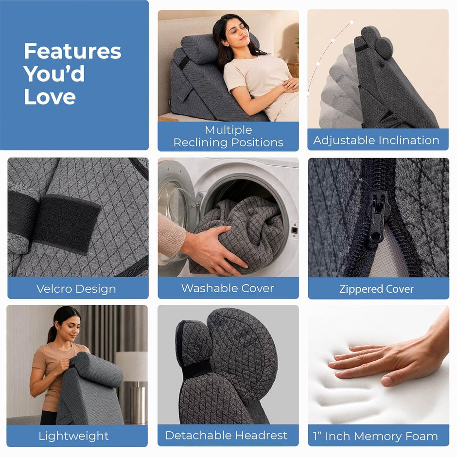 Lifelong Adjustable Wedge Pillow with Headrest, Washable Cover |1” Memory Foam Orthopaedic Back, Leg Support Pillow for Bed & Sofa| 12in1 Wedge Cushion for GERD, Acid Reflux, Leg Elevation, Pregnancy
