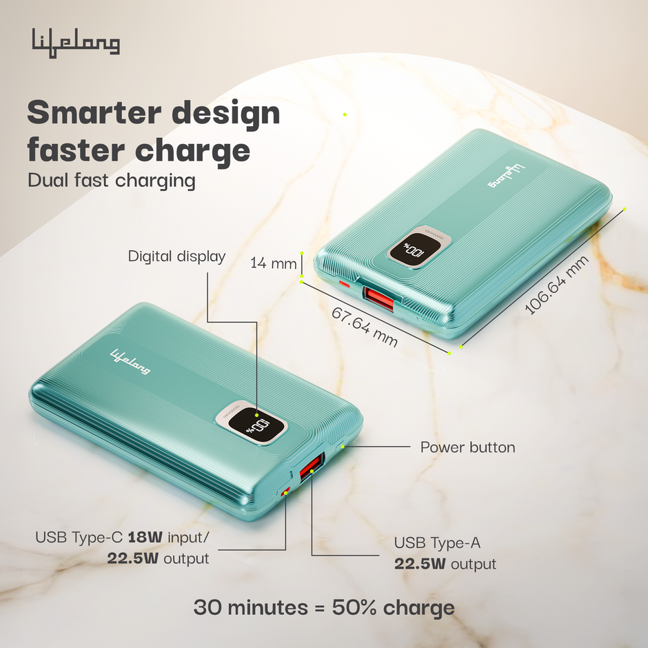 Lifelong Electronics 10000mAh Fast Charging Power Bank with Digital Display | Type C Input | 2 Output Ports | Quick Charge 3.0 | 22.5 W PD Powerbank