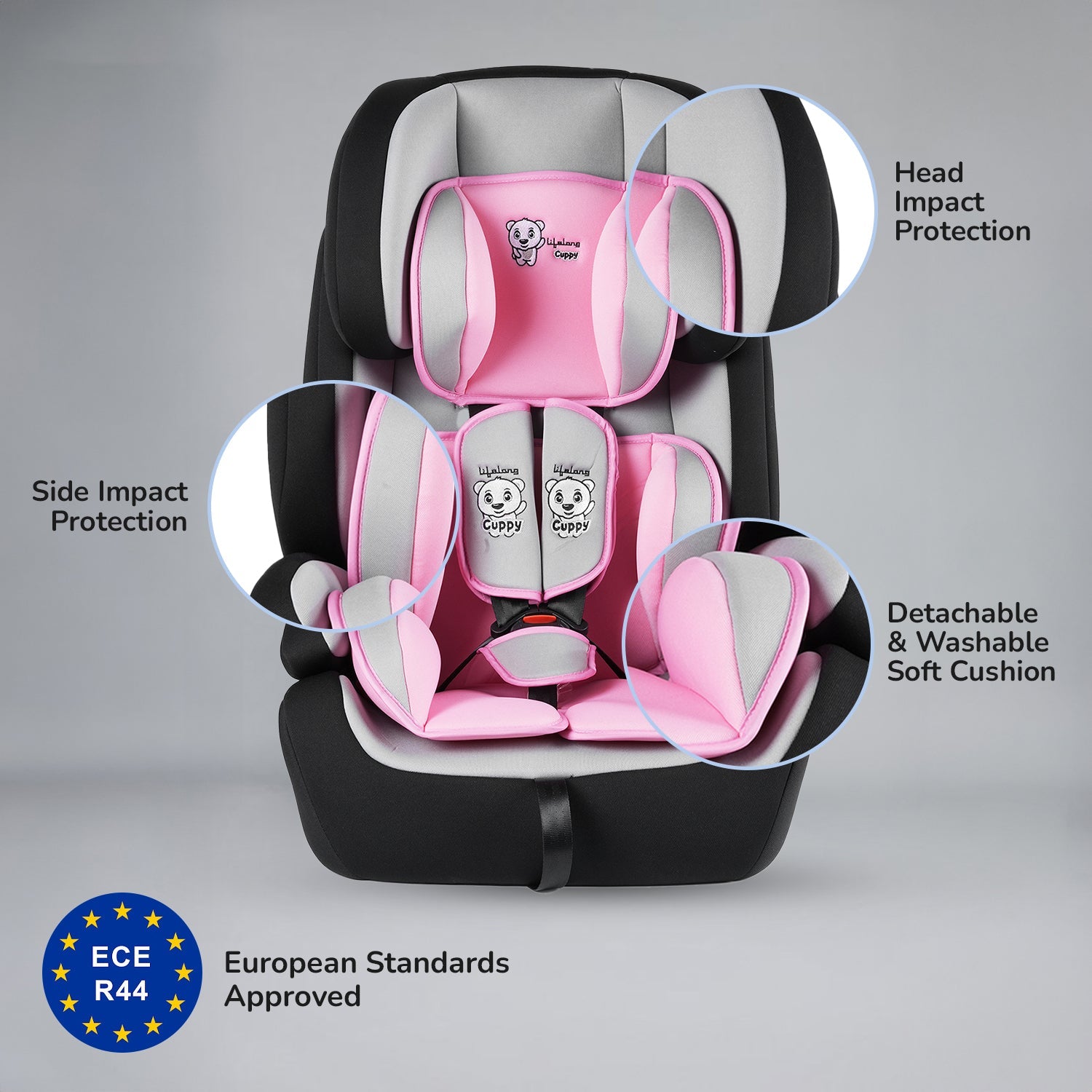 Lifelong Cuppy Baby Car Seat with Isofix of 0 to 12 Years Age Safety Certified Growing Car Seat for Kids (Pink Grey)