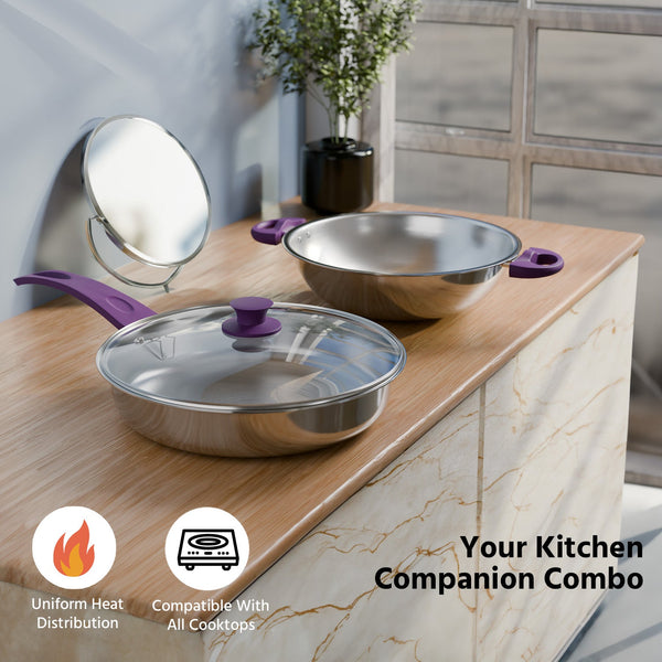 Stainless Steel Kadhai and Fry Pan with Lid