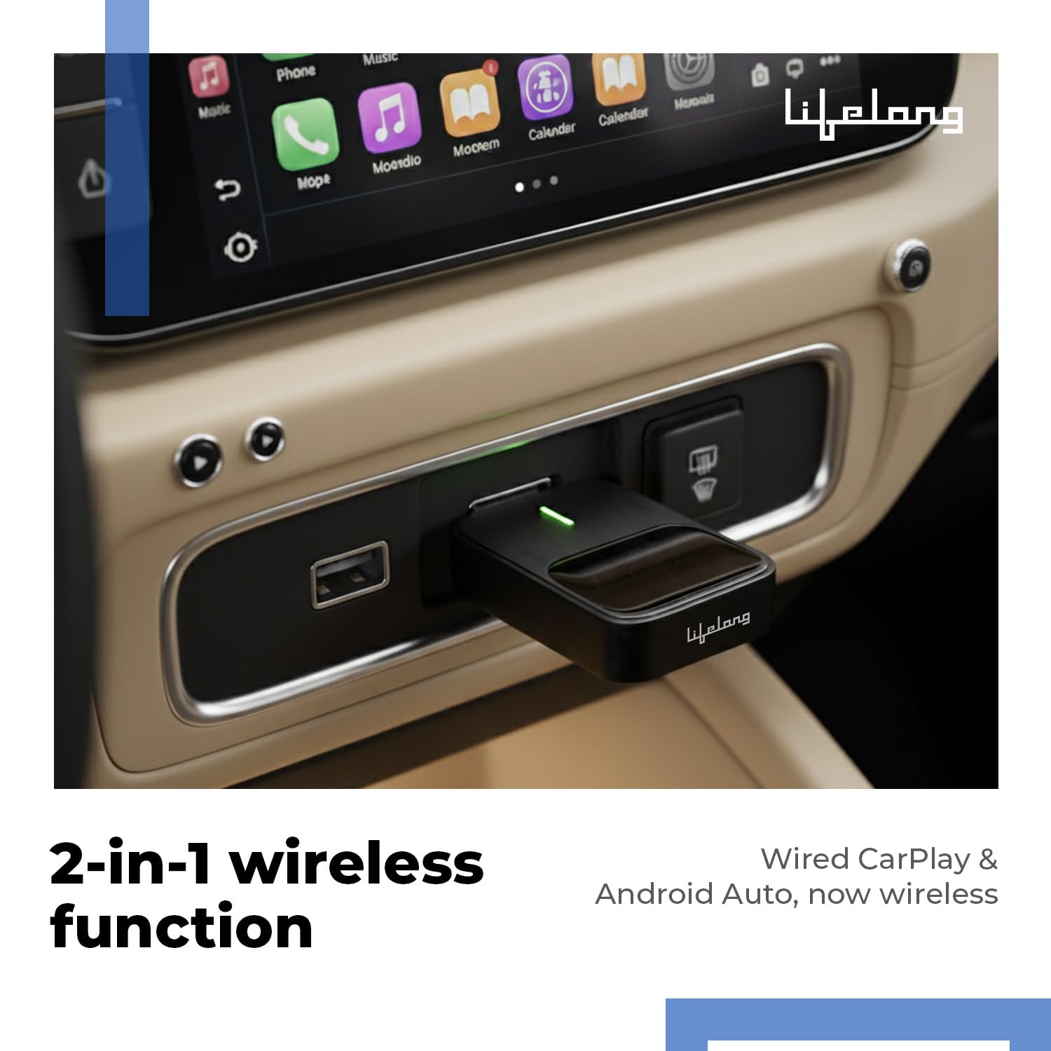 Lifelong 2-in-1 Wireless CarPlay & Android Auto Adapter | Dual Phone Connection, Plug & Play USB Type-A to C, iOS & Android Compatibility, Support OEM Controls |Stick Cast - Bluetooth 5.4 & WiFi 6