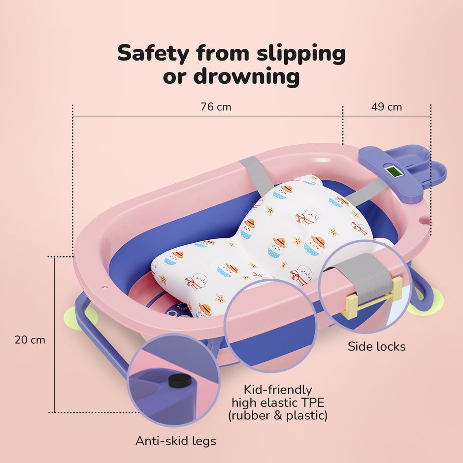 Lifelong Cuppy Baby Bath Tub - Foldable & Padded with Thermometer for 0-3 Years, Dual Tone Design