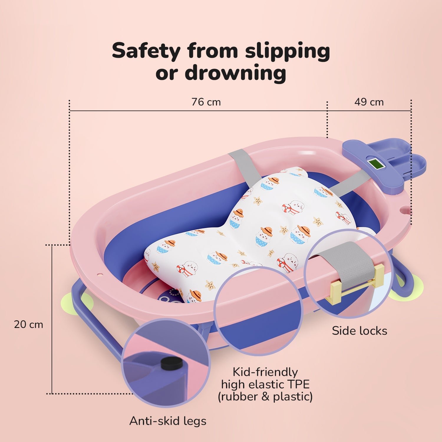 Lifelong Cuppy Baby Bath Tub - Foldable & Padded with Thermometer for 0-3 Years, Dual Tone Design