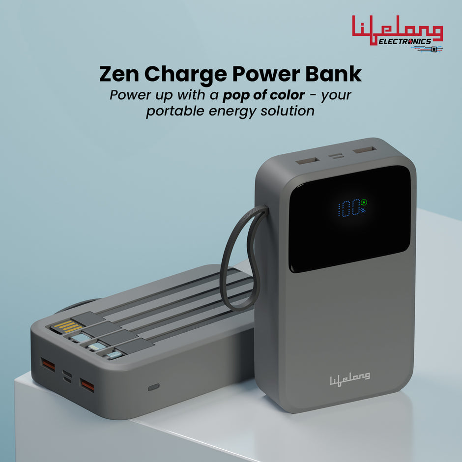 Lifelong Electronics 20000mAh 22.5W Fast Charging Power Bank | 3 Inputs (1 Built-in USB A Cable + 1 C + 1 Lightning Port) & 6 Outputs (3 Built-in Cables + 1 C + 2 A Port) | Small Pocket Size Powerbank