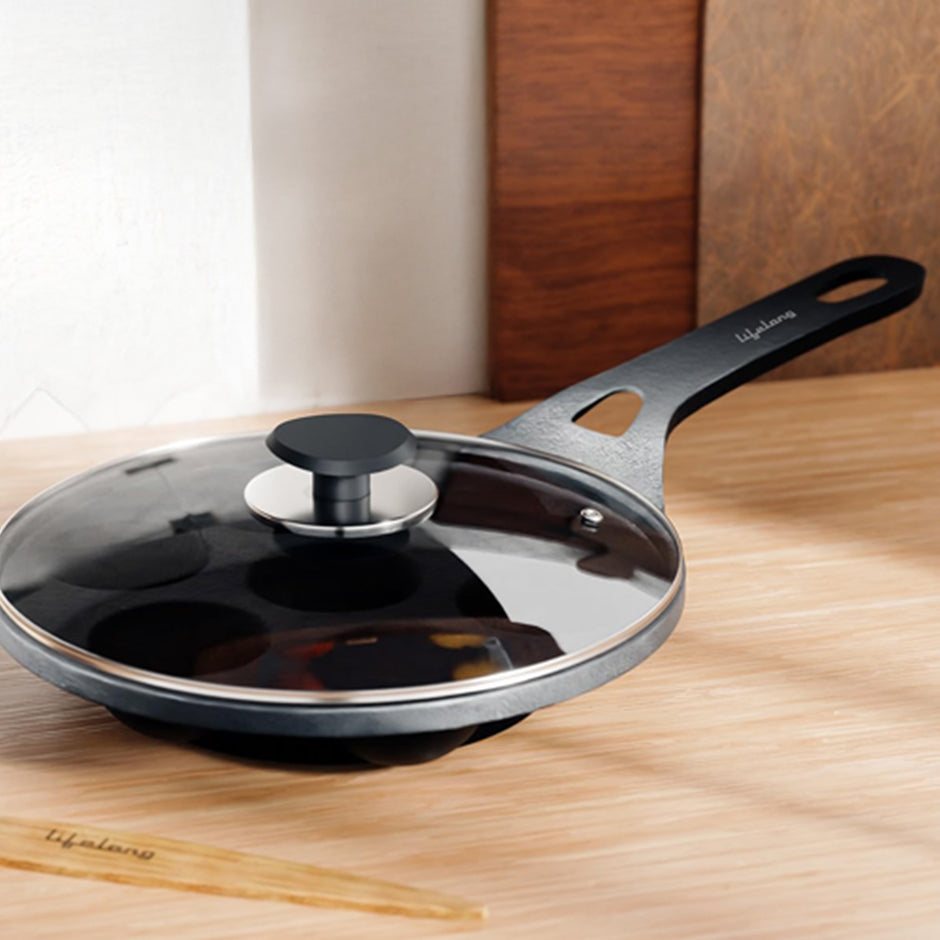 Lifelong Cast Iron paniyaram pan Handle with Glass Lid &  wooden Spatula