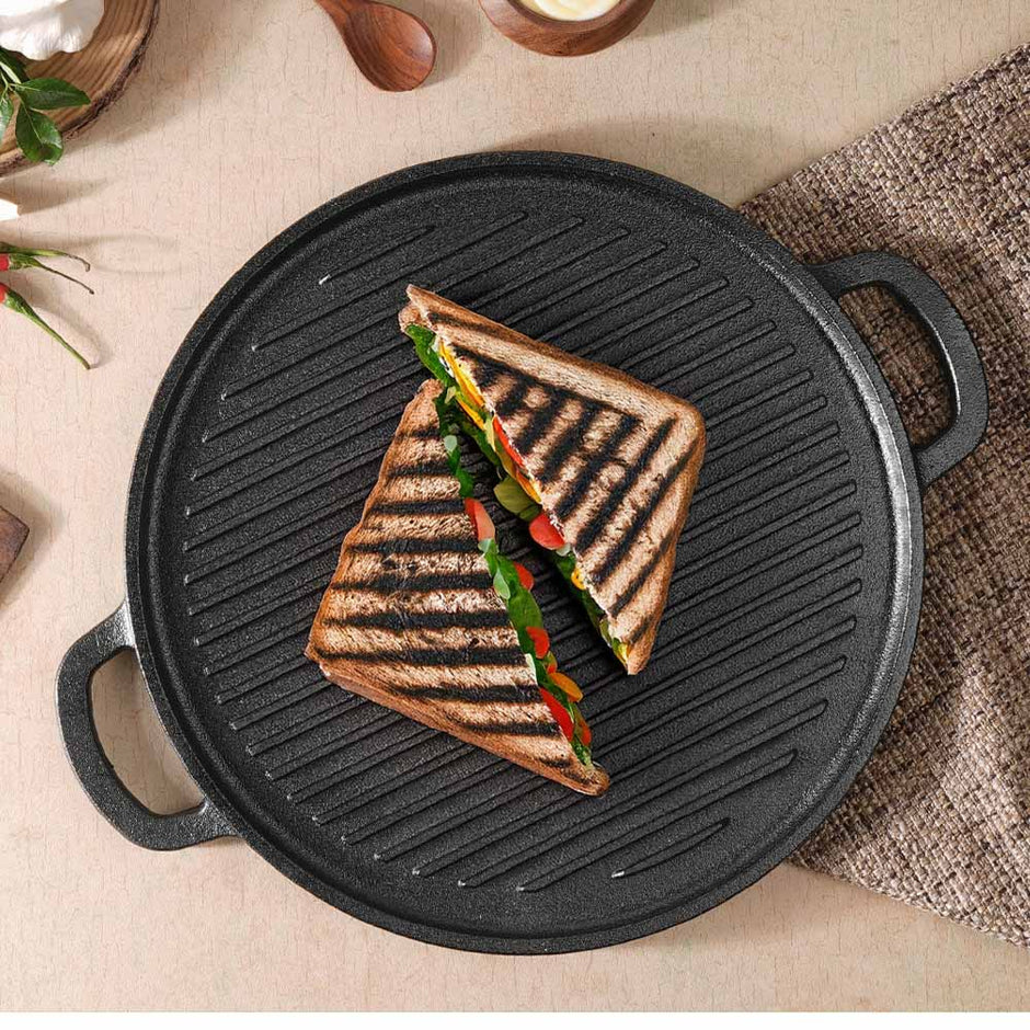 Lifelong 2 in 1 Cast Iron Grill Tawa Pan with Wooden Spatula | 30 cm Reversible Cookware | Dual Surface for Roti, Dosa, Grill, Fish & More |Gas & Induction Compatible | Non Stick Coating (LLCIT006GR)