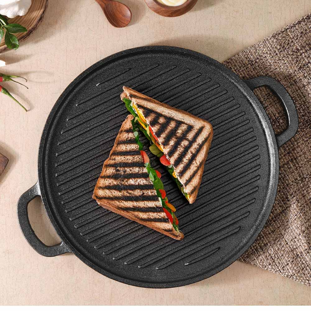 Lifelong 2 in 1 Cast Iron Grill Tawa Pan with Wooden Spatula | 30 cm Reversible Cookware | Dual Surface for Roti, Dosa, Grill, Fish & More |Gas & Induction Compatible | Non Stick Coating (LLCIT006GR)