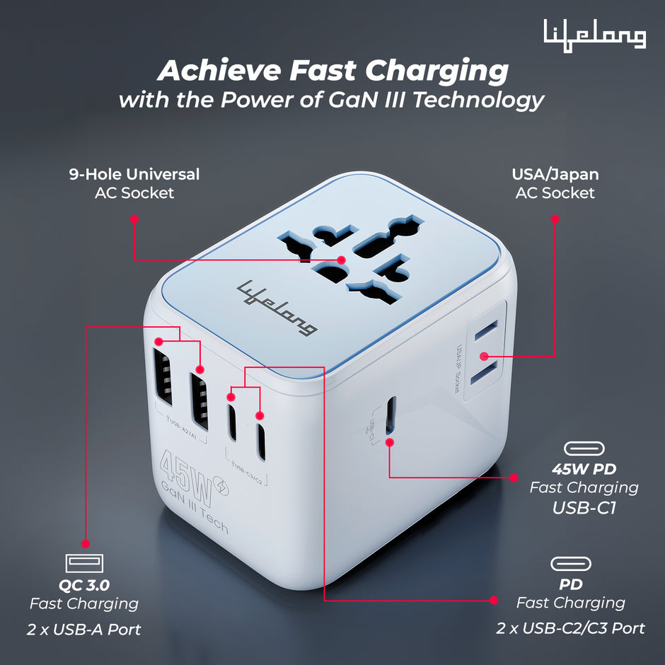 Lifelong Electronics 2500W Universal Travel Adapter All in One | 3 Type-C 45W PD & 2 USB-A 18W QC 3.0 | Dual Fuse Protection | 180+ Countries - Europe/US/Asia etc | International Socket