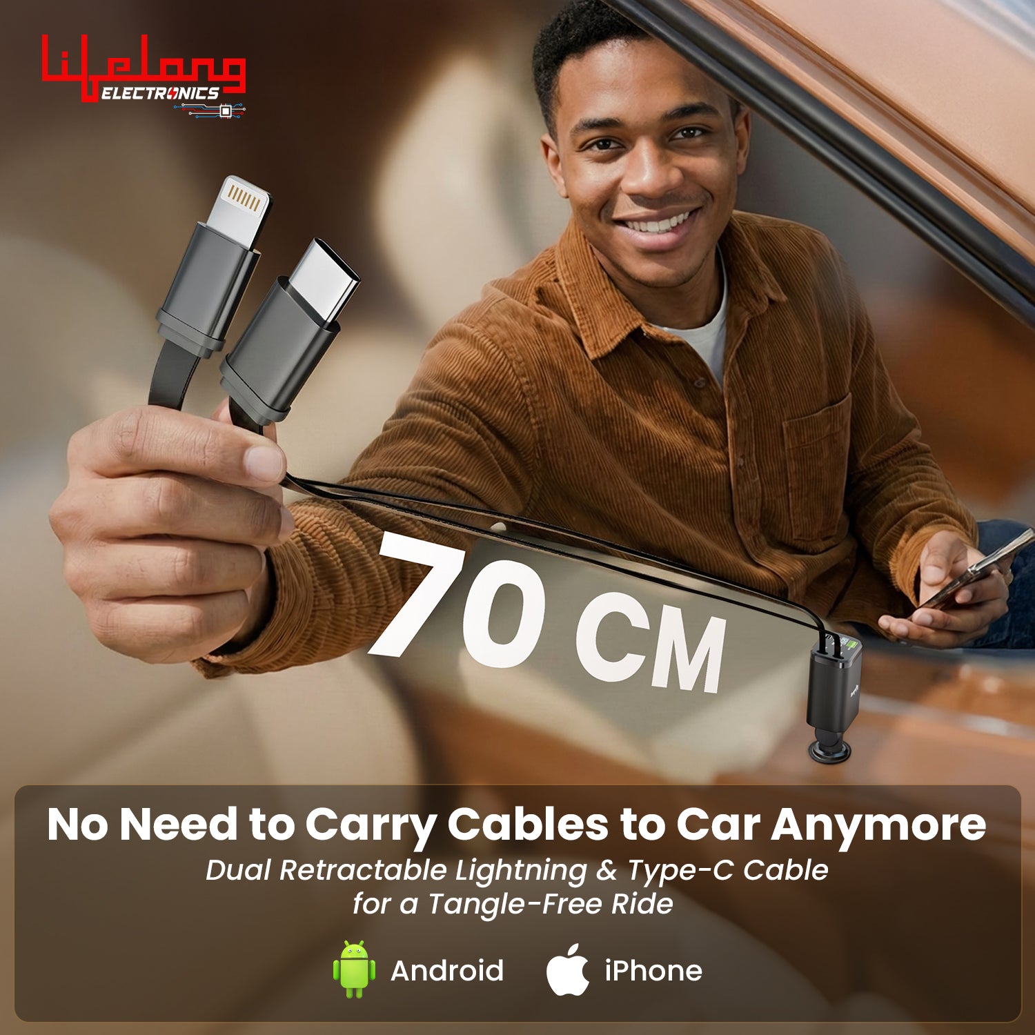 Lifelong Electronics 5-in-1 Car Charger Adapter | 2 Retractable Cables (Type-C & Lightning) + 3 Ports (USB A + 2 Type C) | LED Display | Flexible Head | Fast Charging for iPhone, Android & All Devices
