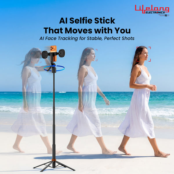 Lifelong Electronics AI Powered Selfie Stick Tripod 183CM/72 Inches | Auto Face Tracking | Quad Leg Stability Mobile Stand for Desk with Dual Influencer Light (5W) | Tripod Stand for Phone & Camera