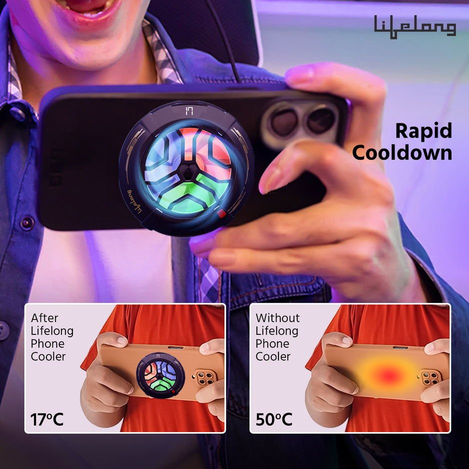 Lifelong Phone Cooler for Gaming | Powerful Semiconductor Technology | Magnetic Attachment For iPhone & Android | Additional Clip | Instant Cooling Fan for Mobile with 3 Speeds | USB Wired | RGB Light