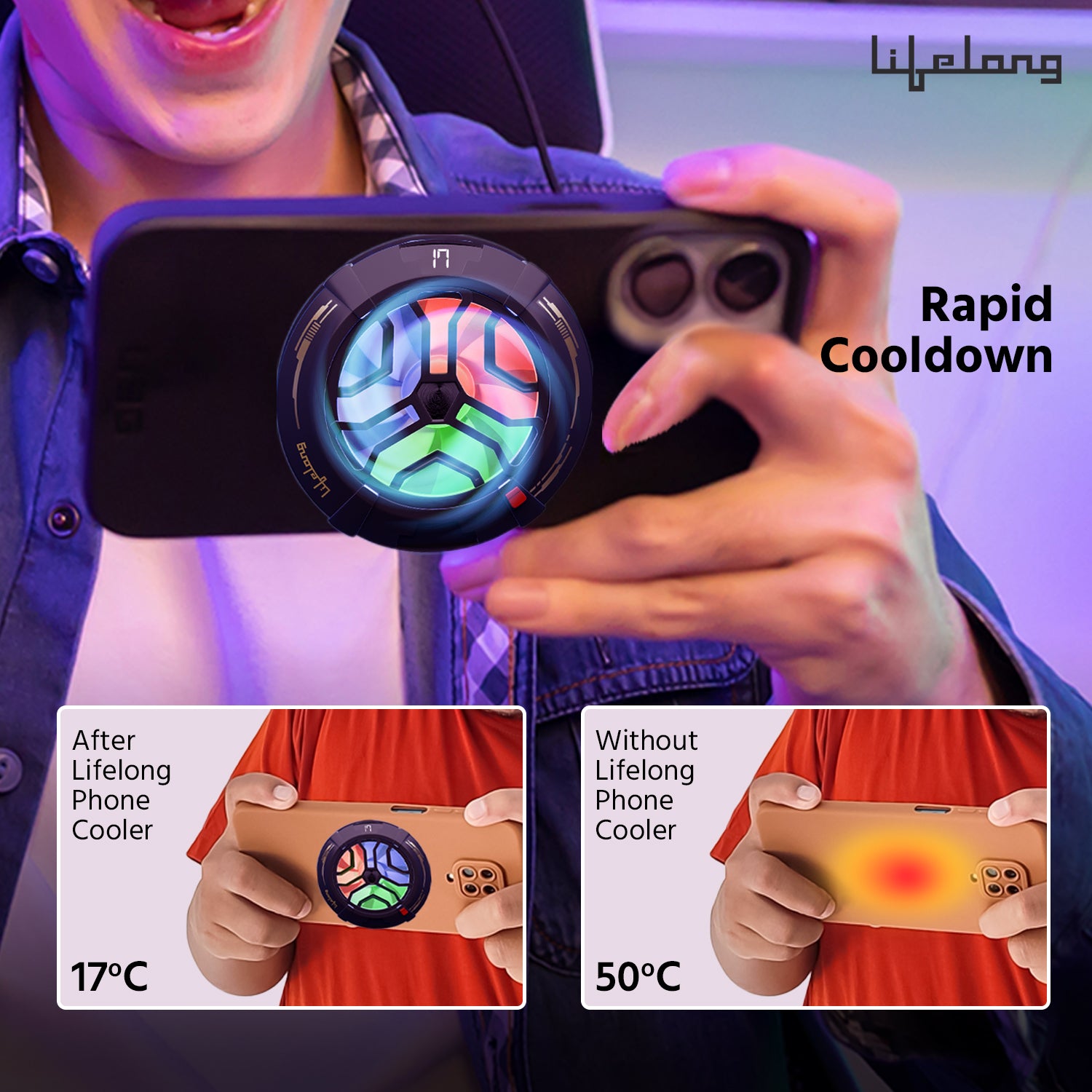 Lifelong Phone Cooler for Gaming | Powerful Semiconductor Technology | Magnetic Attachment For iPhone & Android | Additional Clip | Instant Cooling Fan for Mobile with 3 Speeds | USB Wired | RGB Light