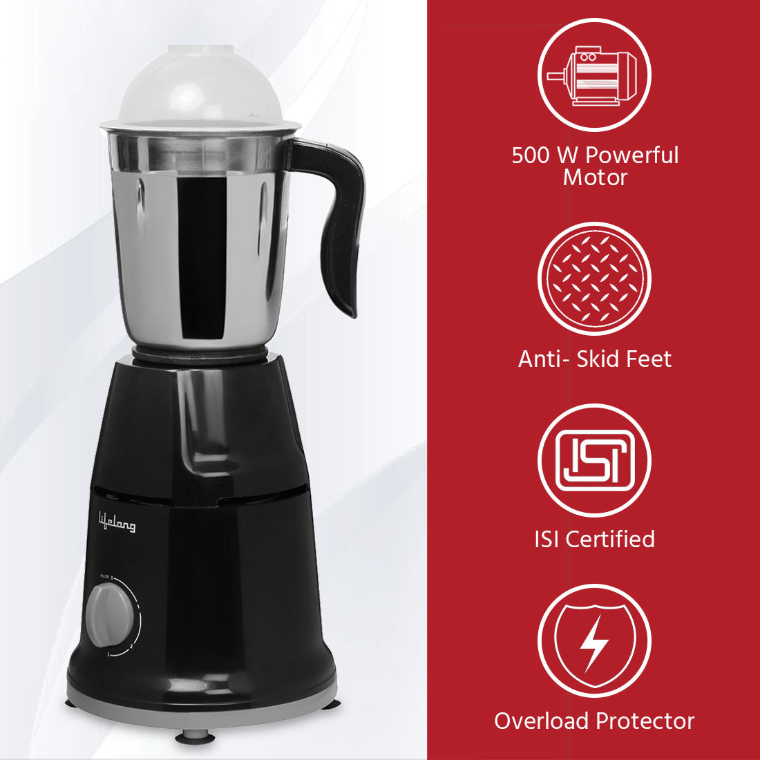 Lifelong LLMG93 Mixer Grinder with 2 Jars, 500W, Stainless Steel Blades, 1-Year Warranty