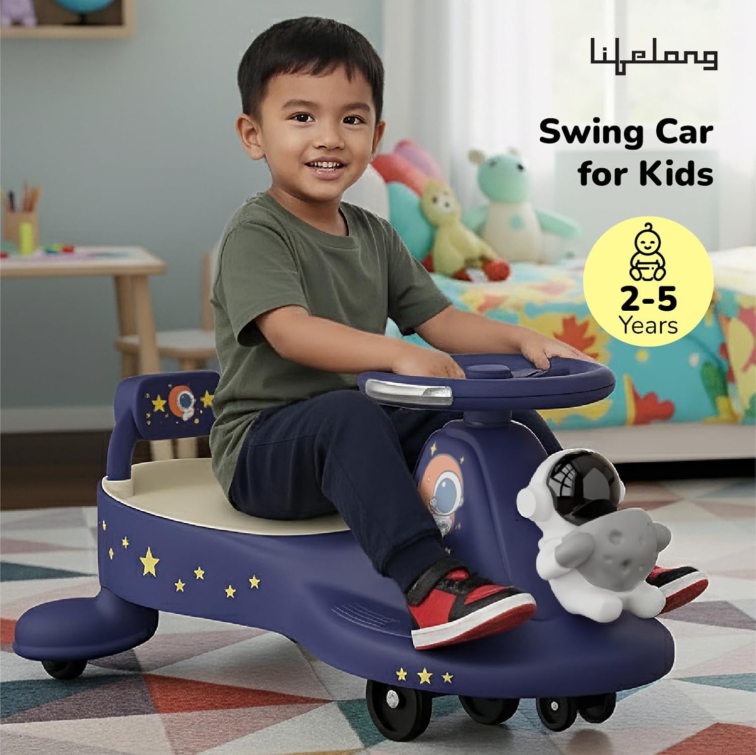Cuppy Galaxy Ride On Swing Car for Kids | Space Theme, No Battery, No Pedal, Non-Slip Wheels