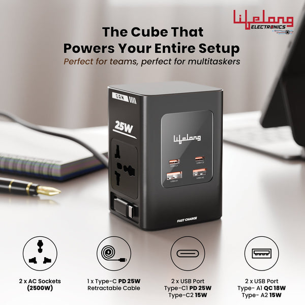 Lifelong Electronics India's First Power Extension Board with Retractable Type C Cable | 2 AC Sockets (2500 W) | Multiplug with 2 USB C + 2 USB A (GaN 25W Fast Charging Ports) | Fire Proof Technology
