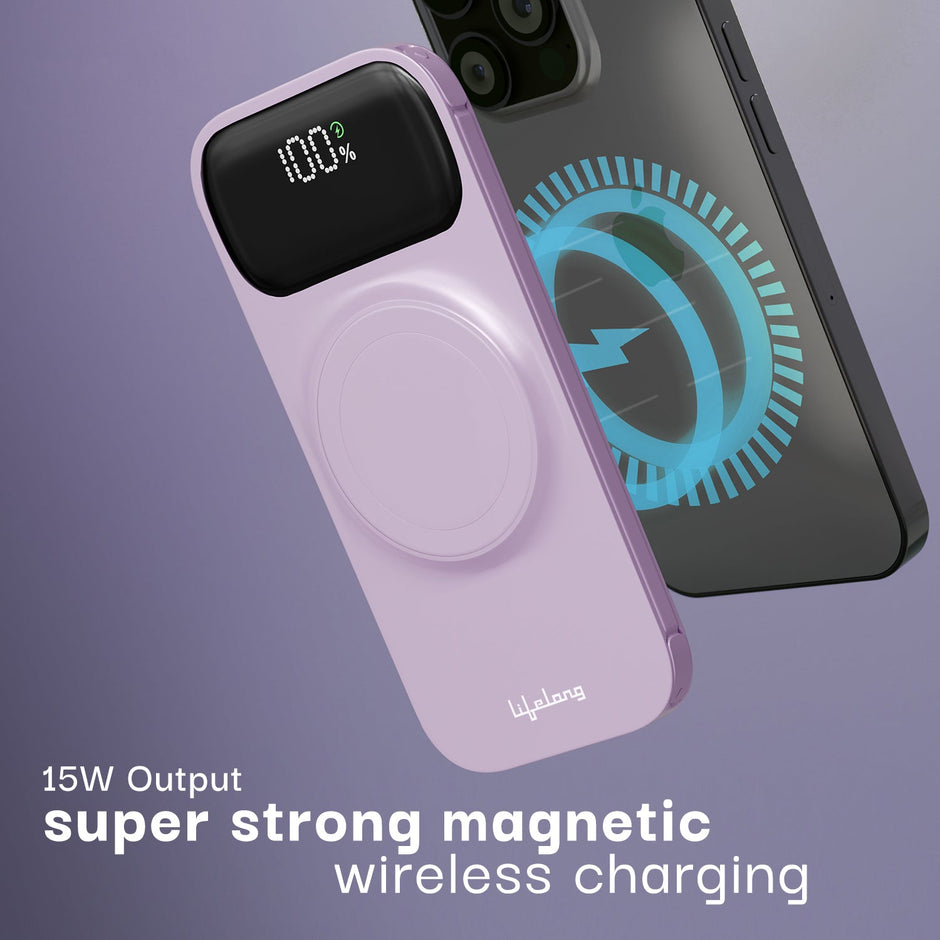 Lifelong 10000mAh Power Bank with 22.5W Fast Charging, Wireless Charging & Phone Stand - Lavender