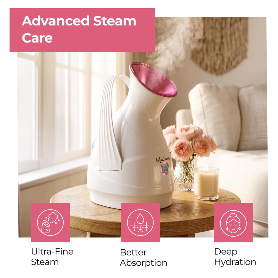 Lifelong Steamer & Vaporizer for Cough, Cold & Facial-100ml | Nano-Ionic Portable Face Steamer for Facial, Steam Inhaler for Sinus & Vaporizer Machine for Adults & Kids | 10Sec Mist, 10 Cotton Pads