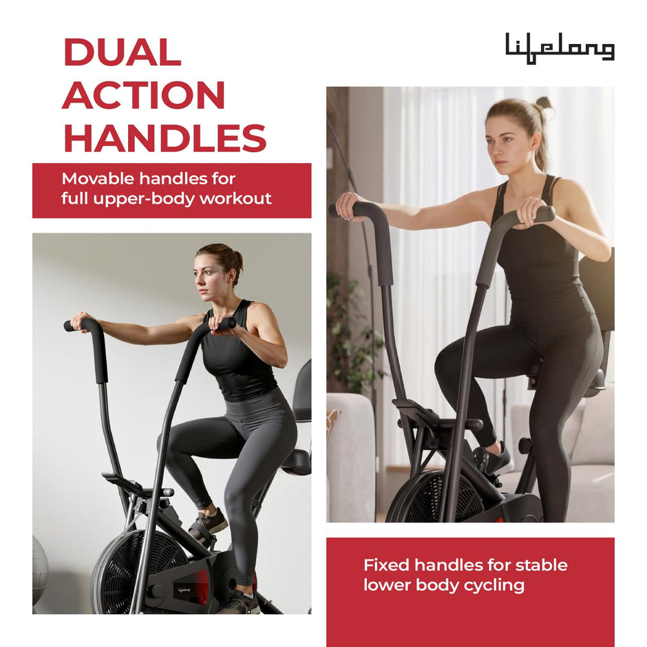 Lifelong Air Bike Exercise Cycle for Home Gym | Dual Action Stationary Cardio Bike for Full Body Workout| Adjustable Cushioned Seat with Backrest |Moving Handles & Anti-Skid Pedals |Max User Weight 125 kg
