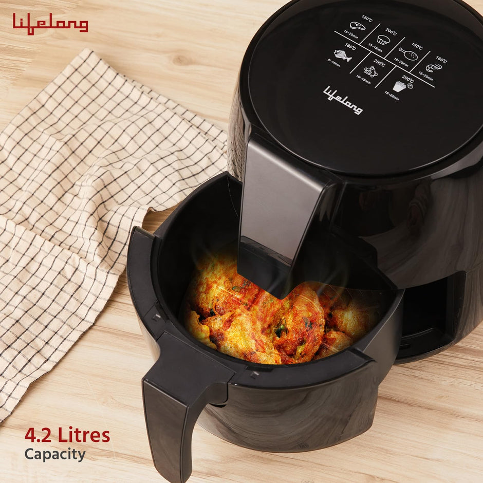 Lifelong Air Fryer | 1 Year Warranty | 1350W, 4.2L, Air Fryer for Home, Digital Air-Fryer with 6 Presets, Hot Air Circulation, Temperature & Timer Control, Up to 90% Less Oil Usage (LLHFD439, Black)