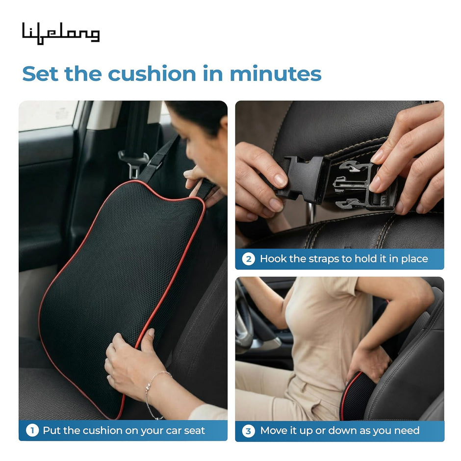 Lifelong Car Lumbar Support Cushion for Back Pain Relief| 100% Memory Foam Ergonomic Posture Pillow for Drive, Sciatica, Lower Back| Adjustable Strap, Breathable Mesh Cover (LLBR11)
