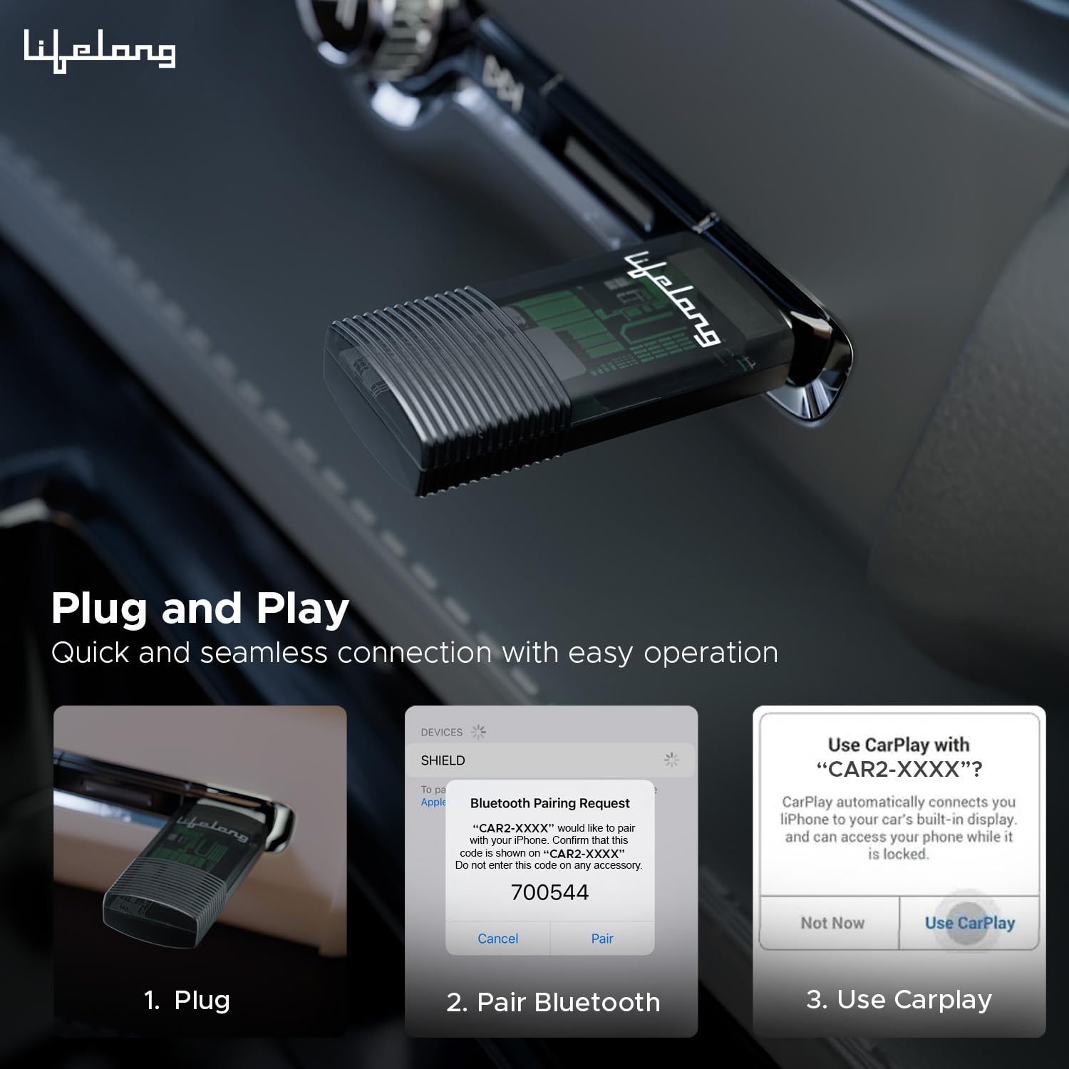 Wireless CarPlay Adapter | Compatible with iPhone/iOS | Stick Cast - Supports Bluetooth & Wi-Fi (LLECA10)