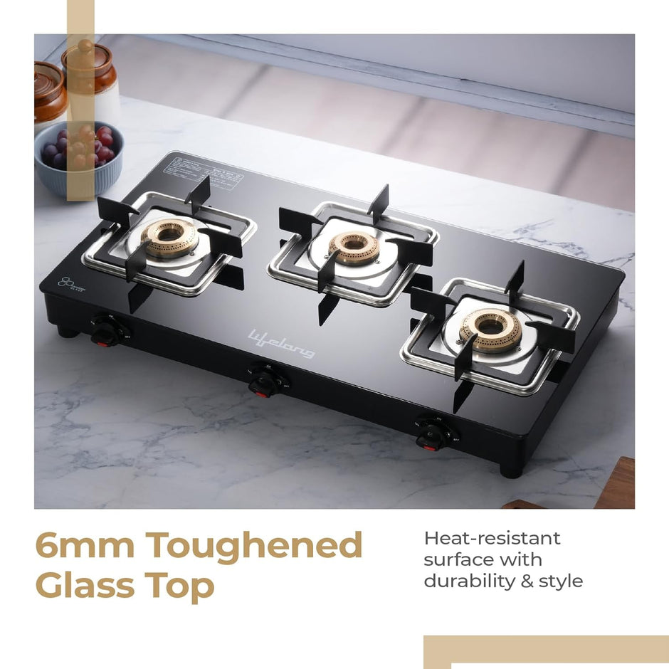 Lifelong 3 Burner Gas Stove for Kitchen | Square Shape Pan Support Manual Ignition Cooktop | Modern Glass Stove for Modular Kitchen, ISI Certified & Compatible with LPG -1 Year Manufacturer's Warranty