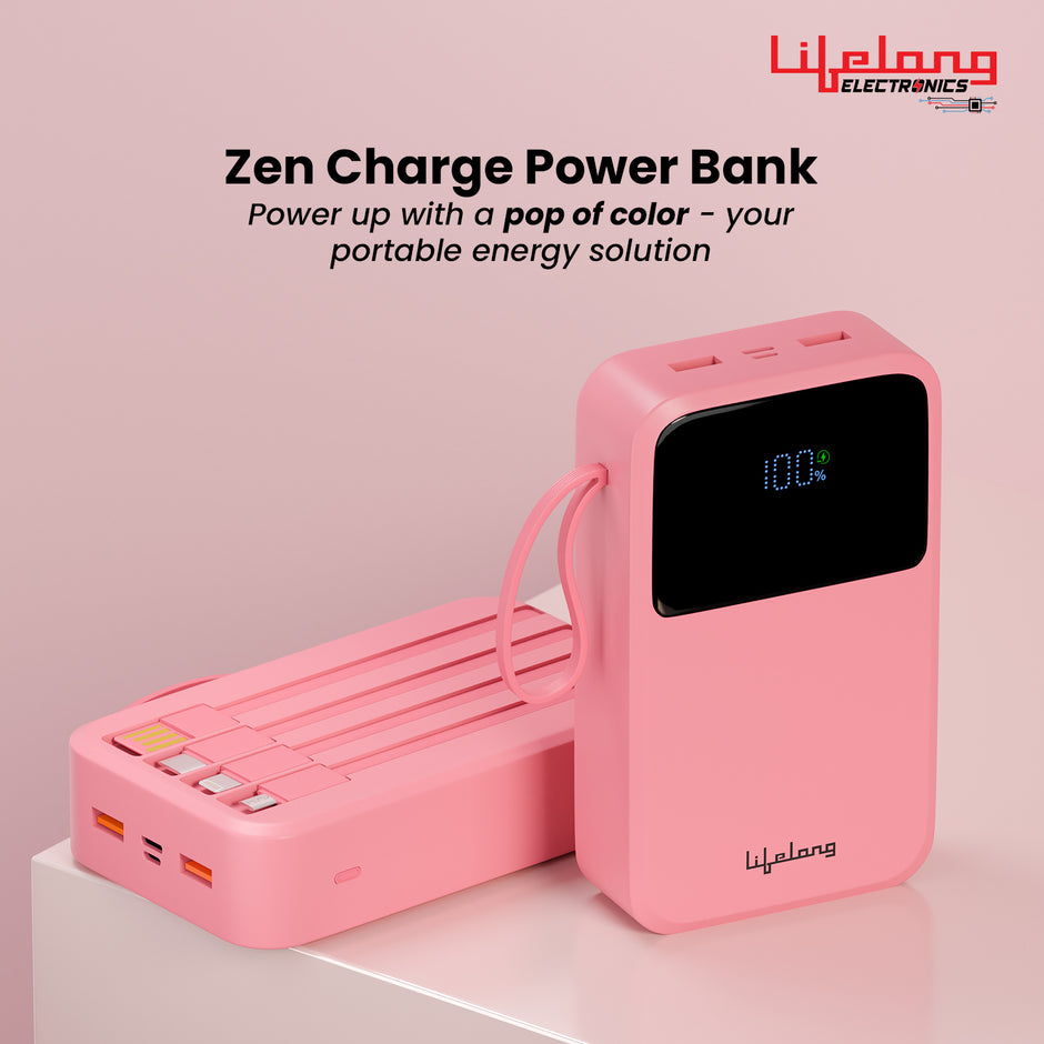 Lifelong Electronics 20000mAh 22.5W Fast Charging Power Bank | 3 Inputs (1 Built-in USB A Cable + 1 C + 1 Lightning Port) & 6 Outputs (3 Built-in Cables + 1 C + 2 A Port) | Small Pocket Size Powerbank