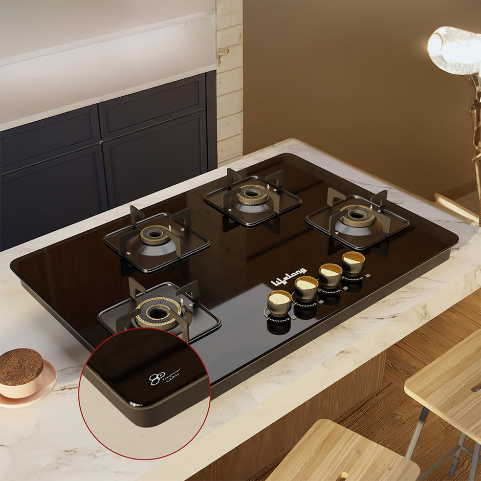 4 Burner Hob Top Gas Stove – Automatic Ignition, Toughened Glass, Italian Valve