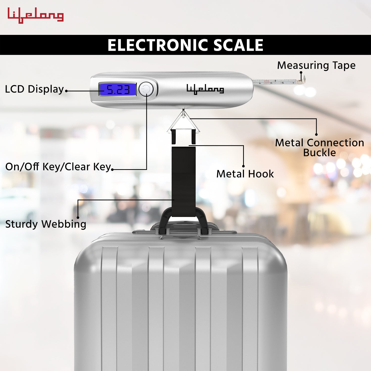 Lifelong Small Weight Machine for Home, Flights, Gas Cylinder, Shop, Travel | Portable Electric Digital Mini Hanging Weighing Scale|Weighing Machine for Luggage 50kg with LCD Display & Measuring Tape