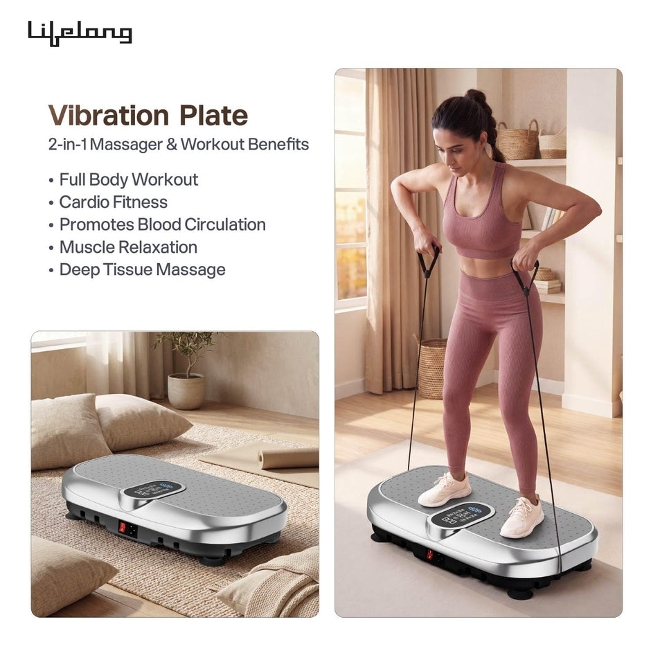 Lifelong Vibration Plate Exercise Machine with Remote & Resistance Bands |Home & Gym Full Body Massager Machine for Pain Relief, Tone Muscles & Weight Loss| 9Programs, 120Speeds, 20Timers, Bluetooth
