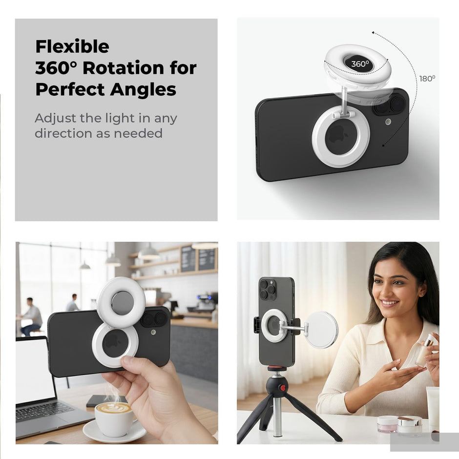 Lifelong Magnetic LED Selfie Light for Video Shooting & YouTube Vlogging | 360° Rotation & Magsafe | Adjustable Brightness & 3 Color Modes - 2700K, 5600K, 7500K | for Phones, Tabs and Other Gadgets