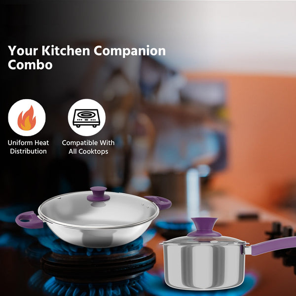 Triply Stainless Steel Kadhai with Fry Pan and Lid