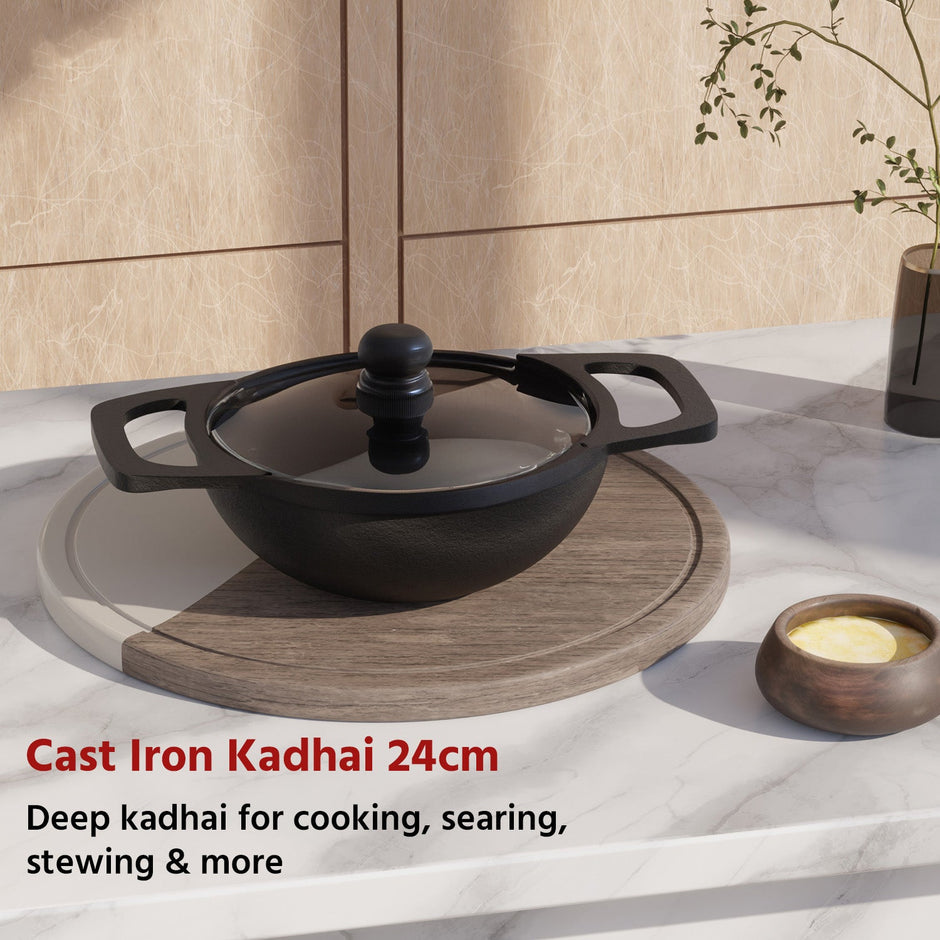 Lifelong Cast Iron Kadai 24cm + glass lid With Wooden Spatula