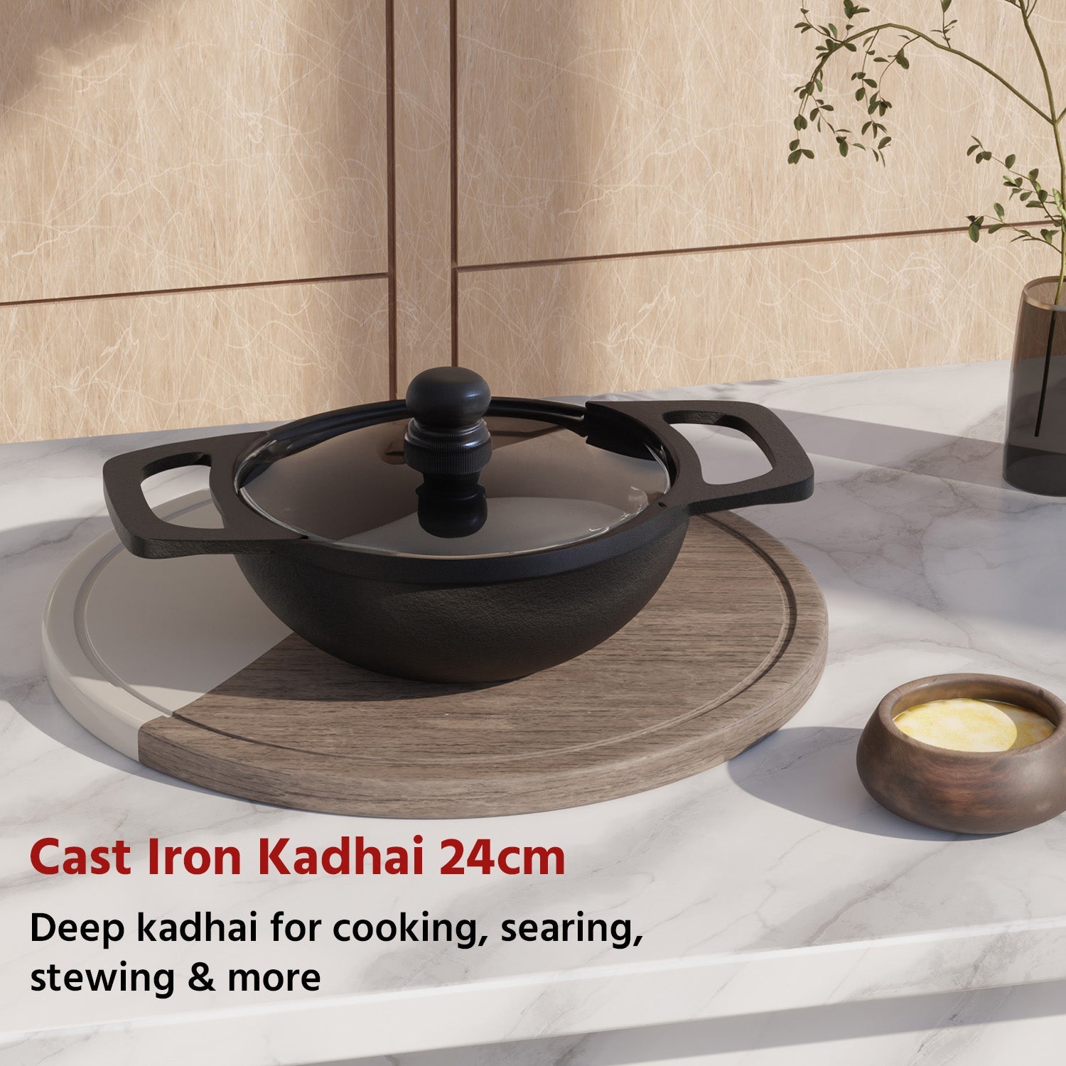 Lifelong Cast Iron Kadai 24cm + glass lid With Wooden Spatula