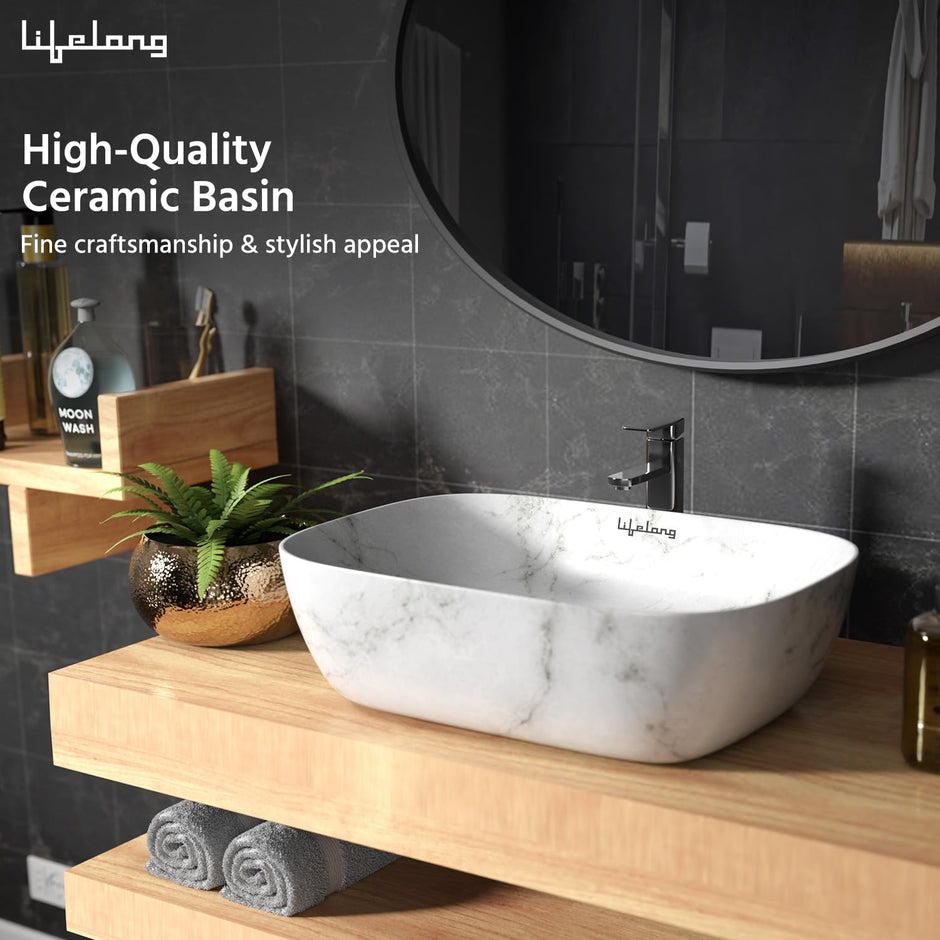 Lifelong Wash Basin for Bathroom - Tabletop Washbasin - Ceramic Glossy Round Countertop Vessel Sink Ideal for Bathroom, Dining Hall & Vanity 33x46x16 cm (White and Grey, LLHIBM06)