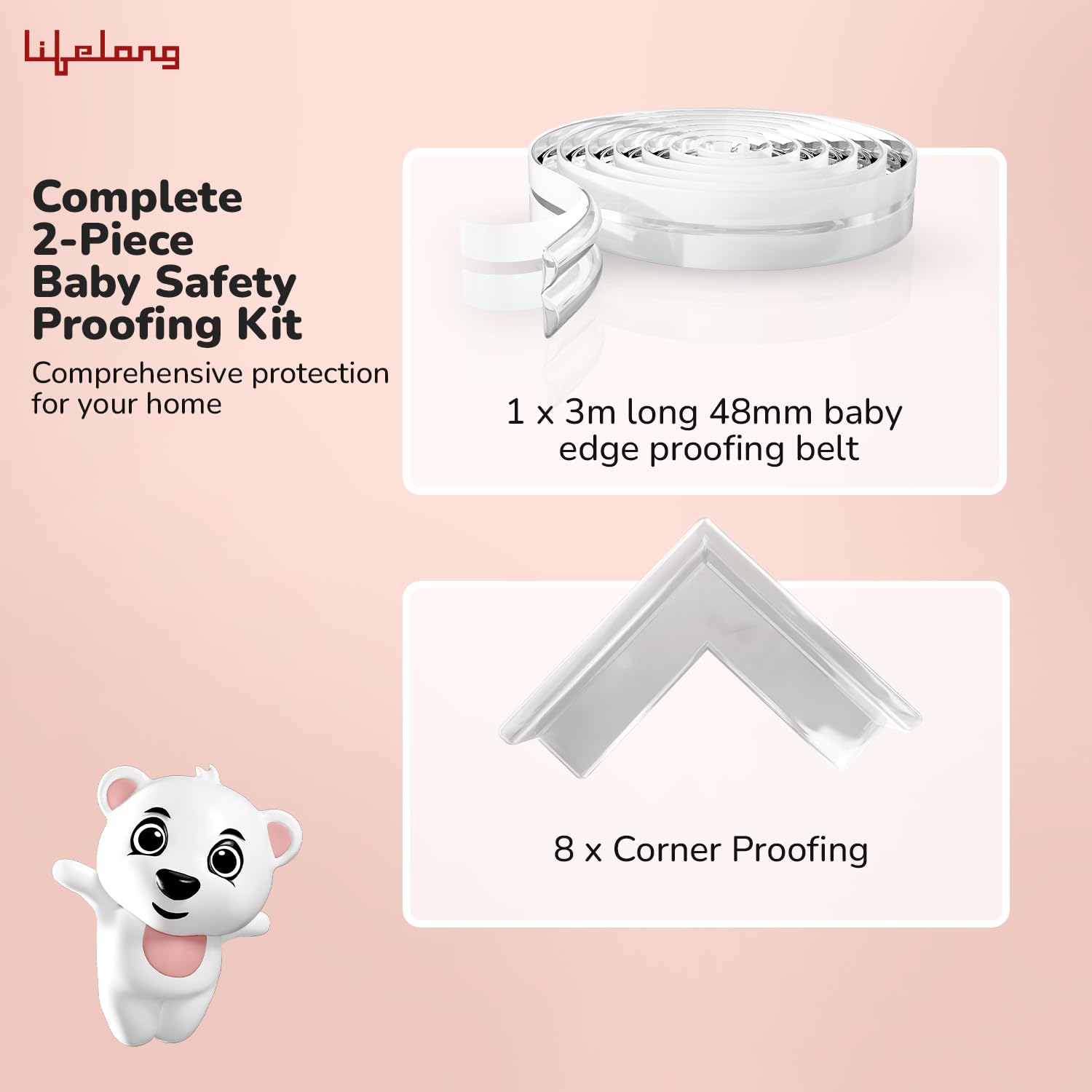 Lifelong Foam Cuppy Baby Safety & Protection Kit 2 in 1 | Long Safety Strip & 8 Large Corner Guards | Drawer Safety, Child Safety, Baby Proofing, Kids Safety Products, Edge Protection, Cabinet Safety