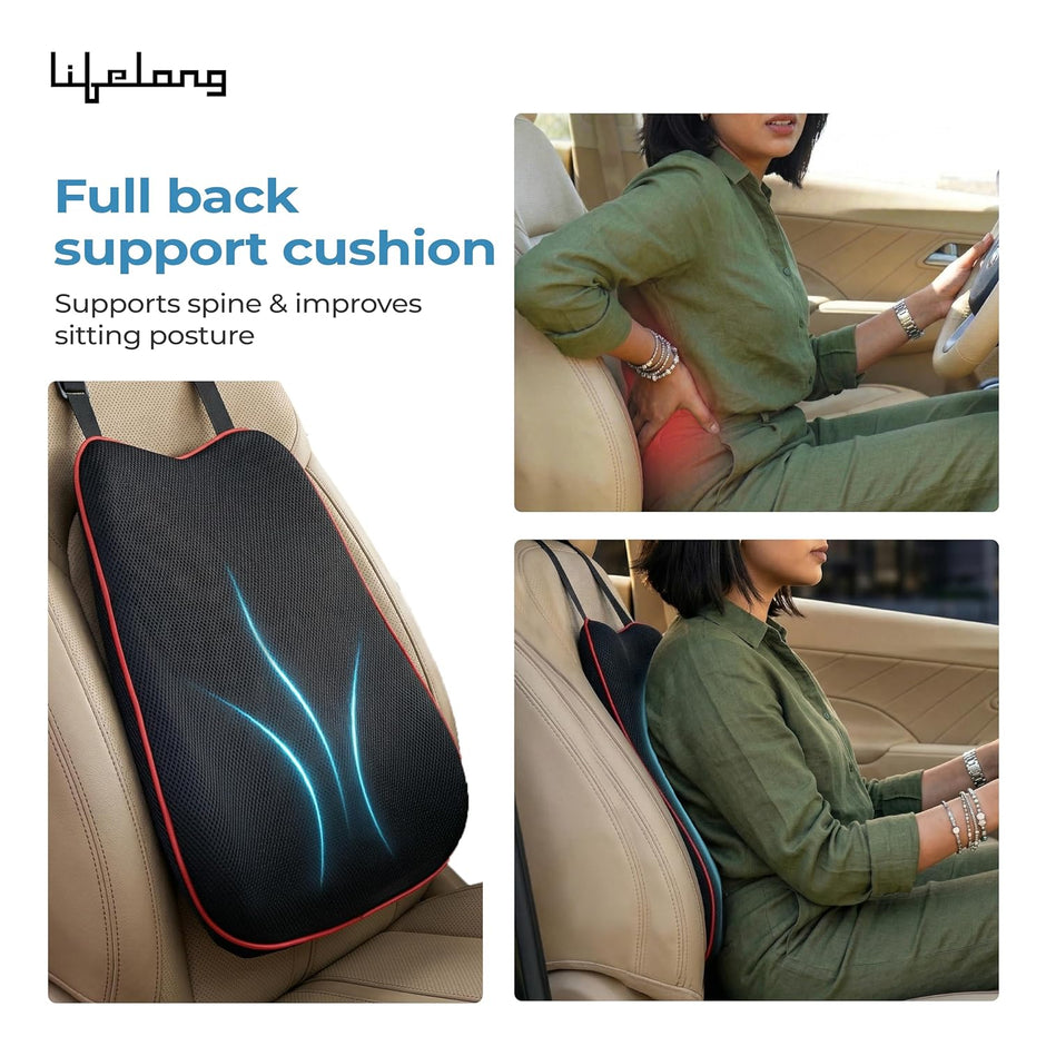 Lifelong Car Seat Cushion & Lumbar Support Combo | 100% Memory Foam Backrest, Headrest Neck Pillow for Driving, Sciatica & Tailbone Pain Relief | Ergonomic 3-in-1 Set, Adjustable Strap (LLCOM03)