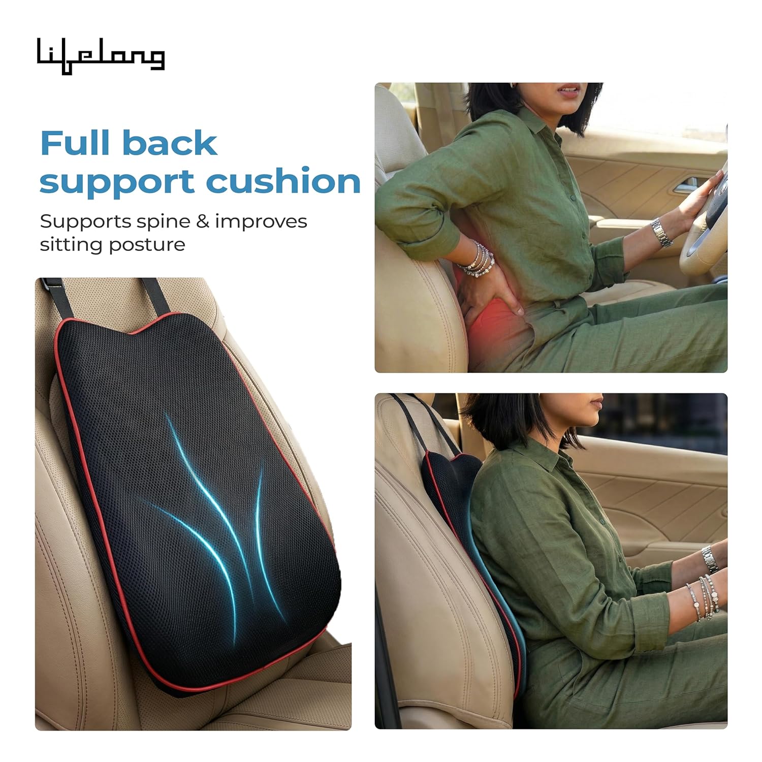 Lifelong Car Seat Cushion & Lumbar Support Combo | 100% Memory Foam Backrest, Headrest Neck Pillow for Driving, Sciatica & Tailbone Pain Relief | Ergonomic 3-in-1 Set, Adjustable Strap (LLCOM03)