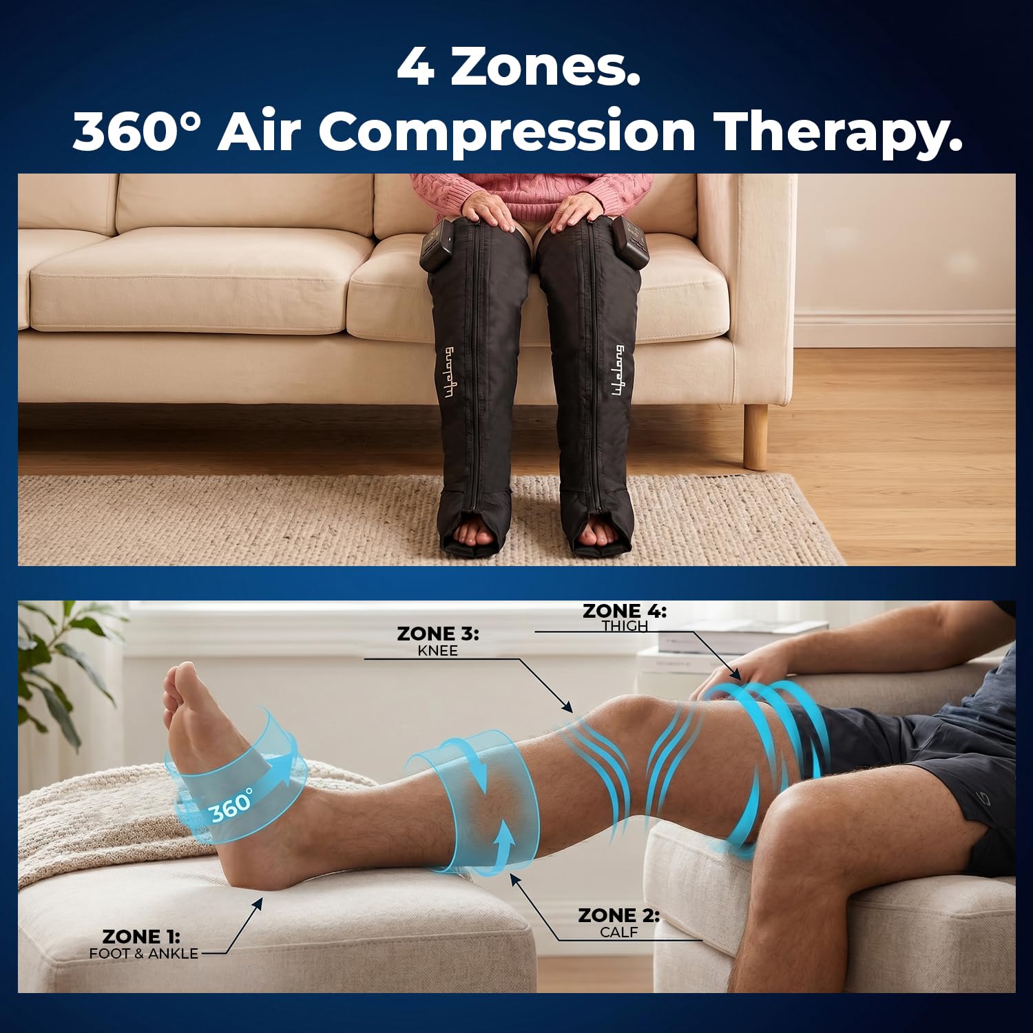 Lifelong Air Compression Leg & Foot Massager Machine for Pain Relief | 4000mAh Cordless Feet Massager with 240mmHg Pressure & 5Air Chambers | 2 Controllers, 7Intensities, 5Modes for Muscle Relaxation