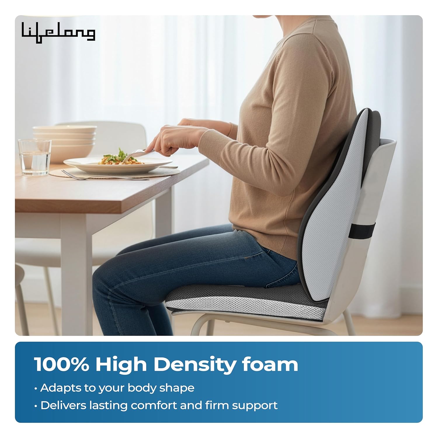 Lifelong Backrest & Seat Cushion Combo for Pain Relief | High-Density Orthopedic Memory Foam Support for Back, Coccyx & Sciatica | Improves Posture & Comfort During Long Sitting Hours at Home & Work