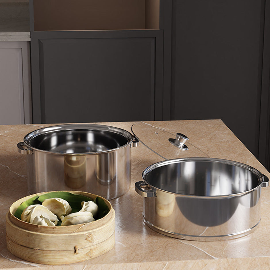 2-Tier Steamer/Momo/Modak Maker | Induction Compitable with Glass Lid & Riveted Handles | 20 cm Stainless Steel Multi-Purpose Cooking Steamer