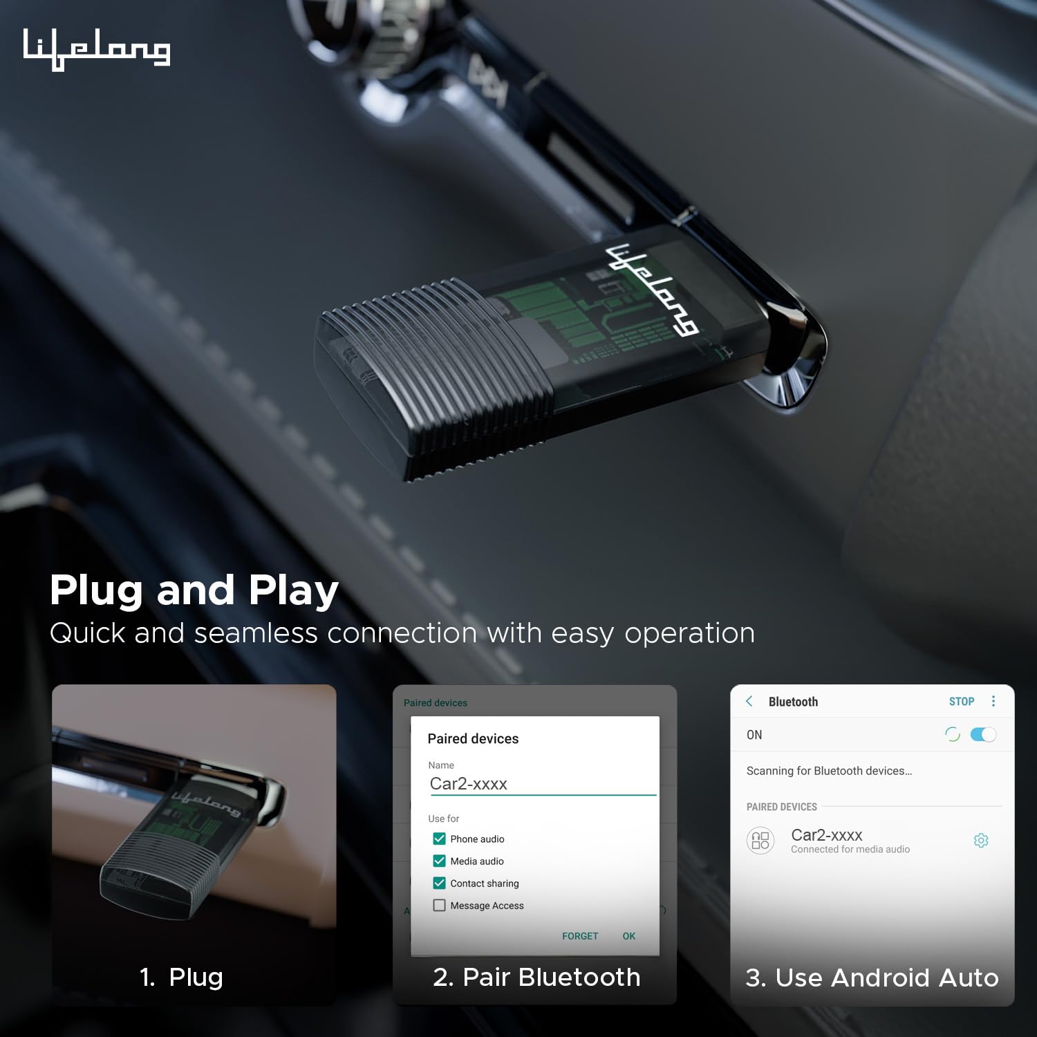 Wireless Android Auto Adapter | Compatible with Android | Stick Cast - Bluetooth & Wi-Fi (LLECA20)
