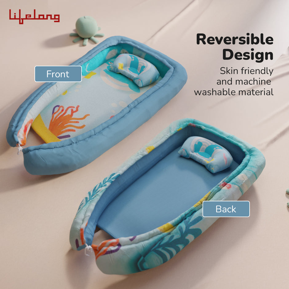 Lifelong Cuppy Newborn Baby Nest Bed with Headrest | Reversible, Foldable & Adjustable Infant Sleeping Bed | Soft Cotton Mattress for 0–2 Years