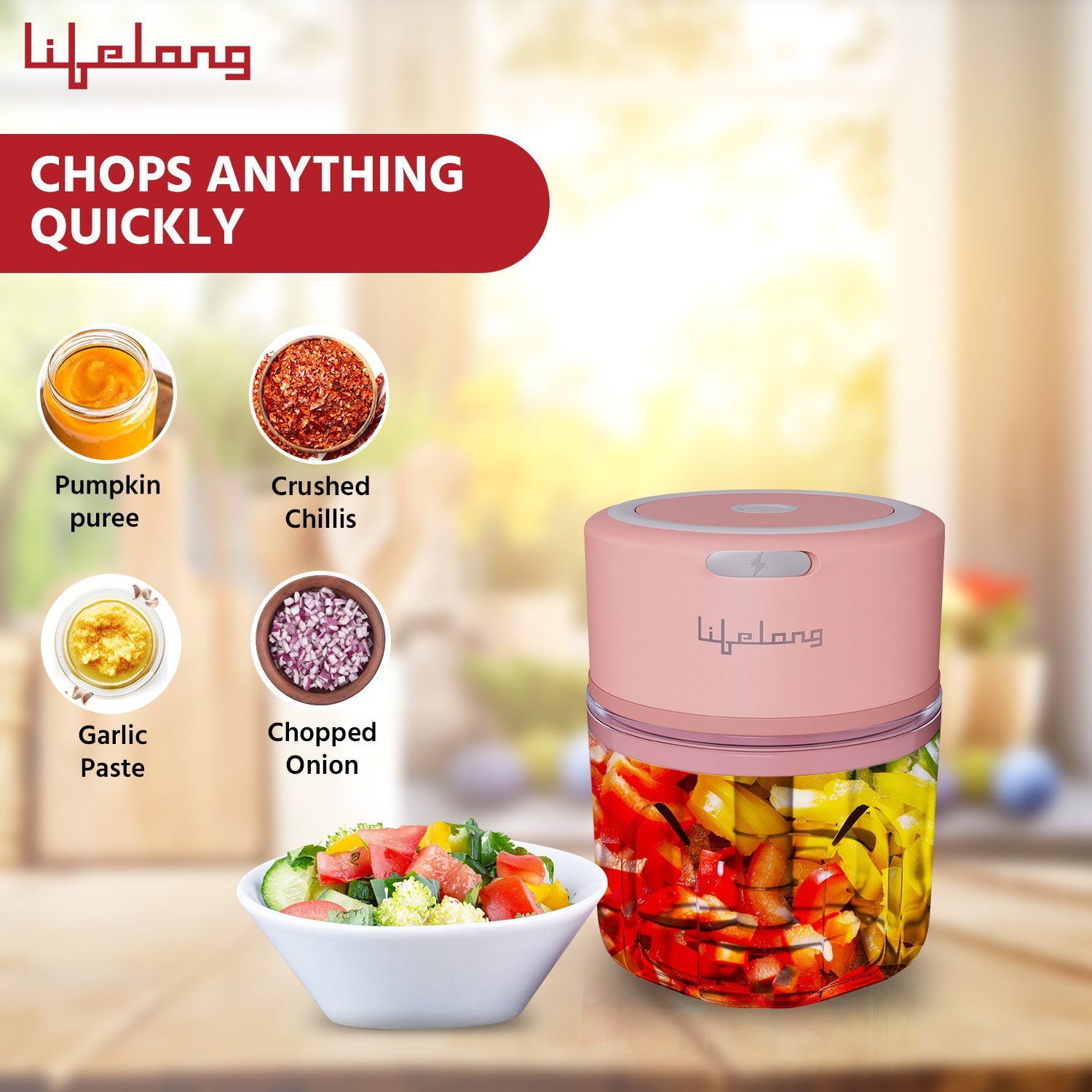 Lifelong LLWC03 Rechargeable Wireless Electric Chopper , Pink-250 ml