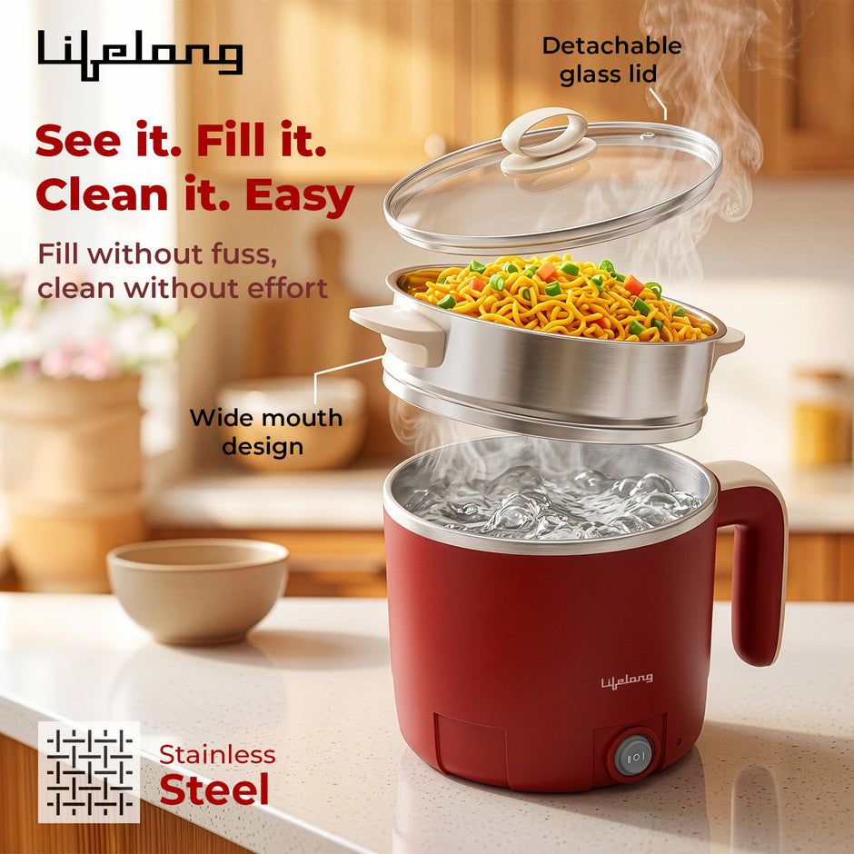 Lifelong Multipurpose Kettle | Multi Cooker Electric Kettle with Egg Tray, 1.2L Stainless Steel Body, Auto Cut Off, 300W Slow Heat & 650W Quick Boil | Boil Rice, Steam & Cook Vegetables, Eggs & Momos