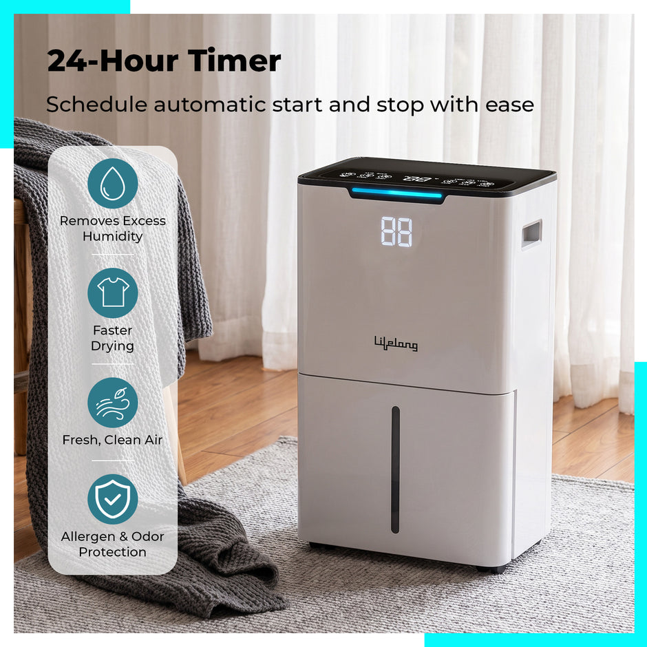 Lifelong Dehumidifier for Bedroom, Home, Wardrobe & Car | Portable Moisture Absorber with Intelligent Touch Control, 24-Hour Timer, 2-Speed Fan, Auto Defrost, Humidity Indicator & 180° Wheels