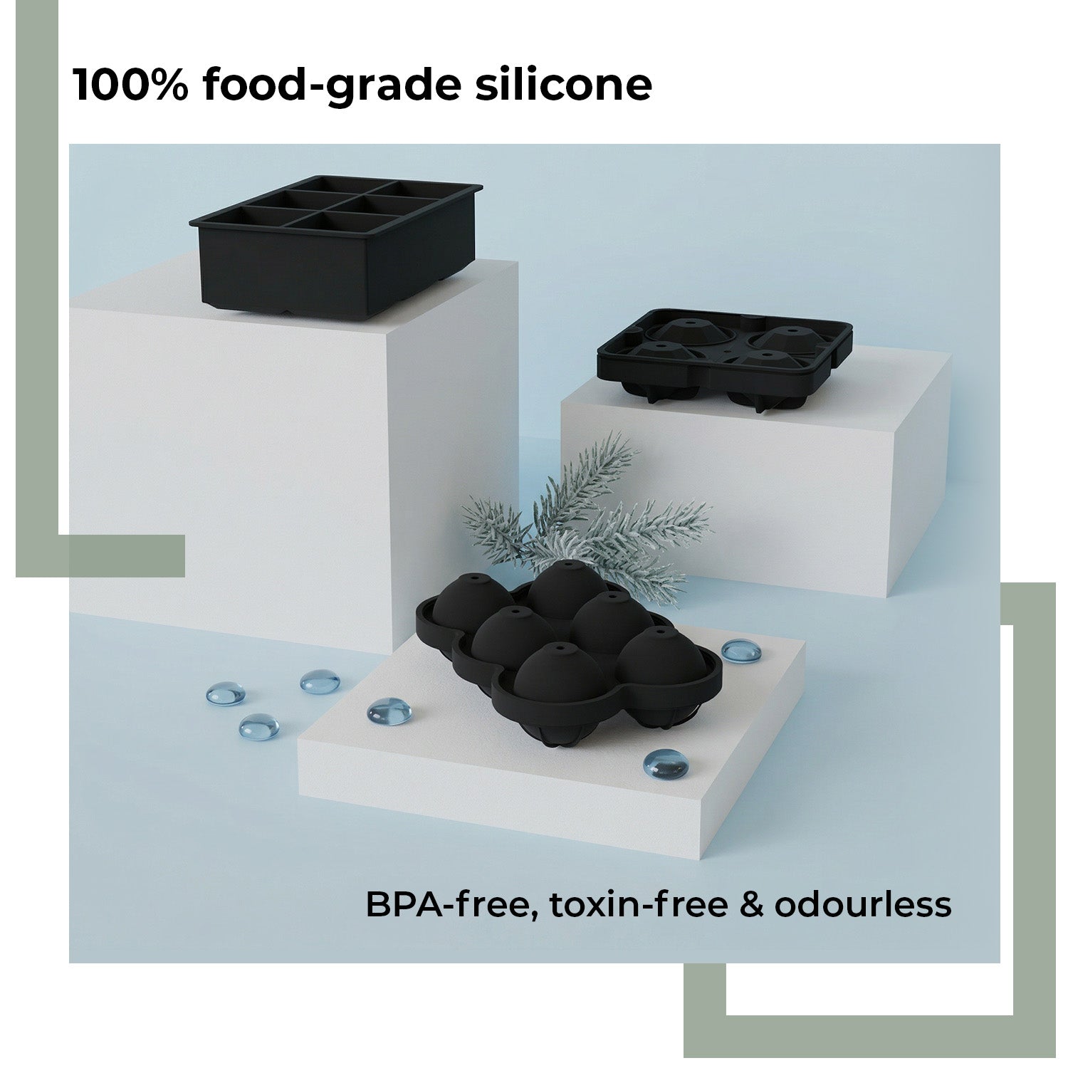 Lifelong Ice Cube Tray - Set of 3 | Silicone Ice Moulds for Freezer | Square, Round & Diamond | Food-Grade, Leakproof, Easy Release | Large Cubes for Cocktails, Yogurt, Ice Cream(-30°C to 280°C)