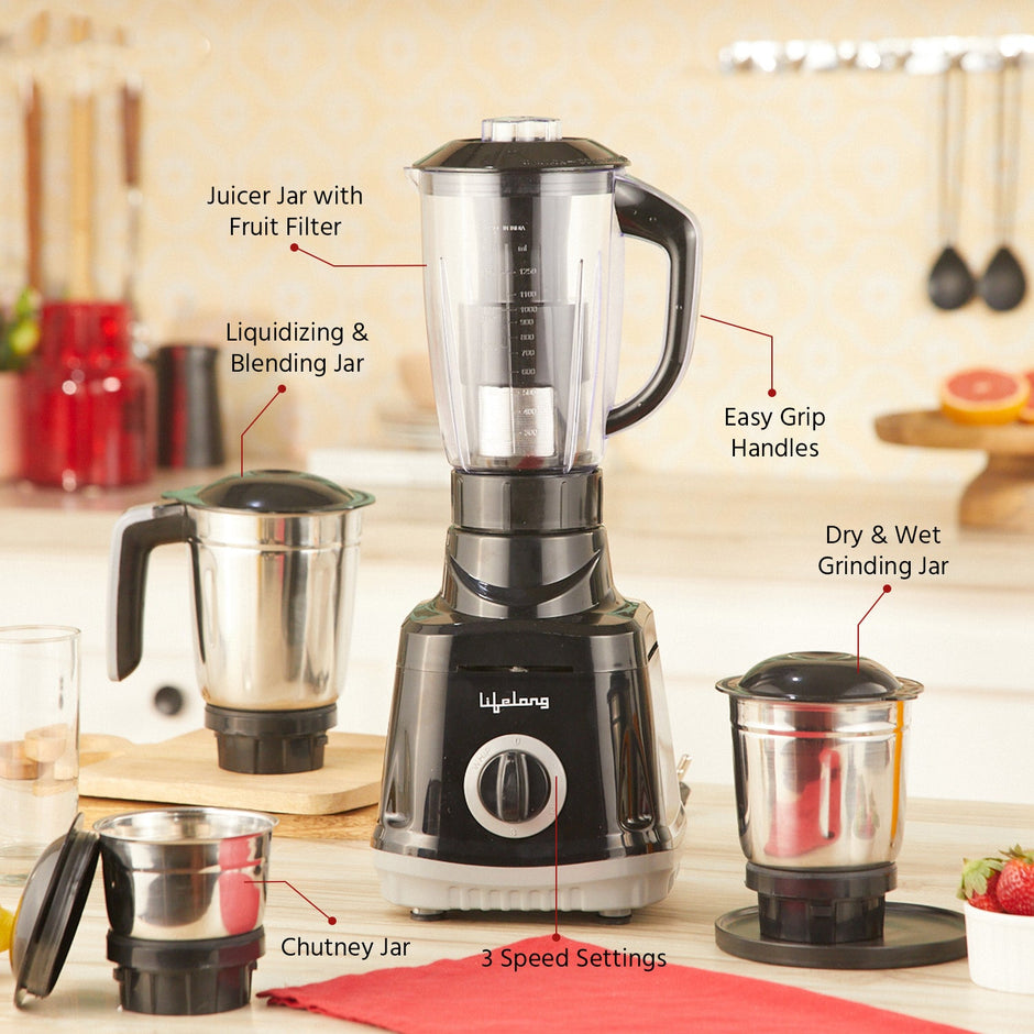 Lifelong Juicer Mixer Grinder for Kitchen - 4 Jars 750 Watt Mixie - Juicer with Fruit Filter, Grinding Jar, Chutney Jar & Liquidizing Jar used as Wet Grinder & Blender - Stainless Steel Blades(LLMG75)